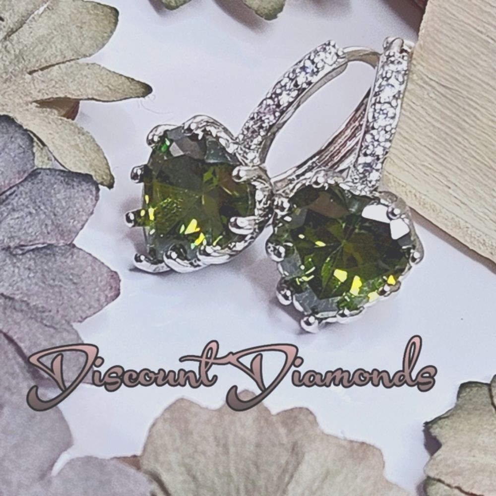 Green Peridot Dangle Earrings & White Baguette Diamonds on 925 Silver